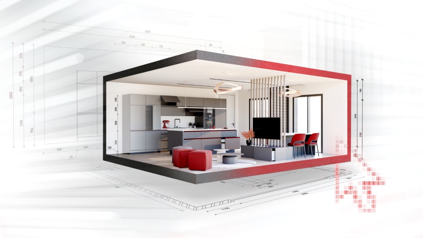 Render arquitectónico de una cocina generado con imos3D, con líneas de plano técnico superpuestas